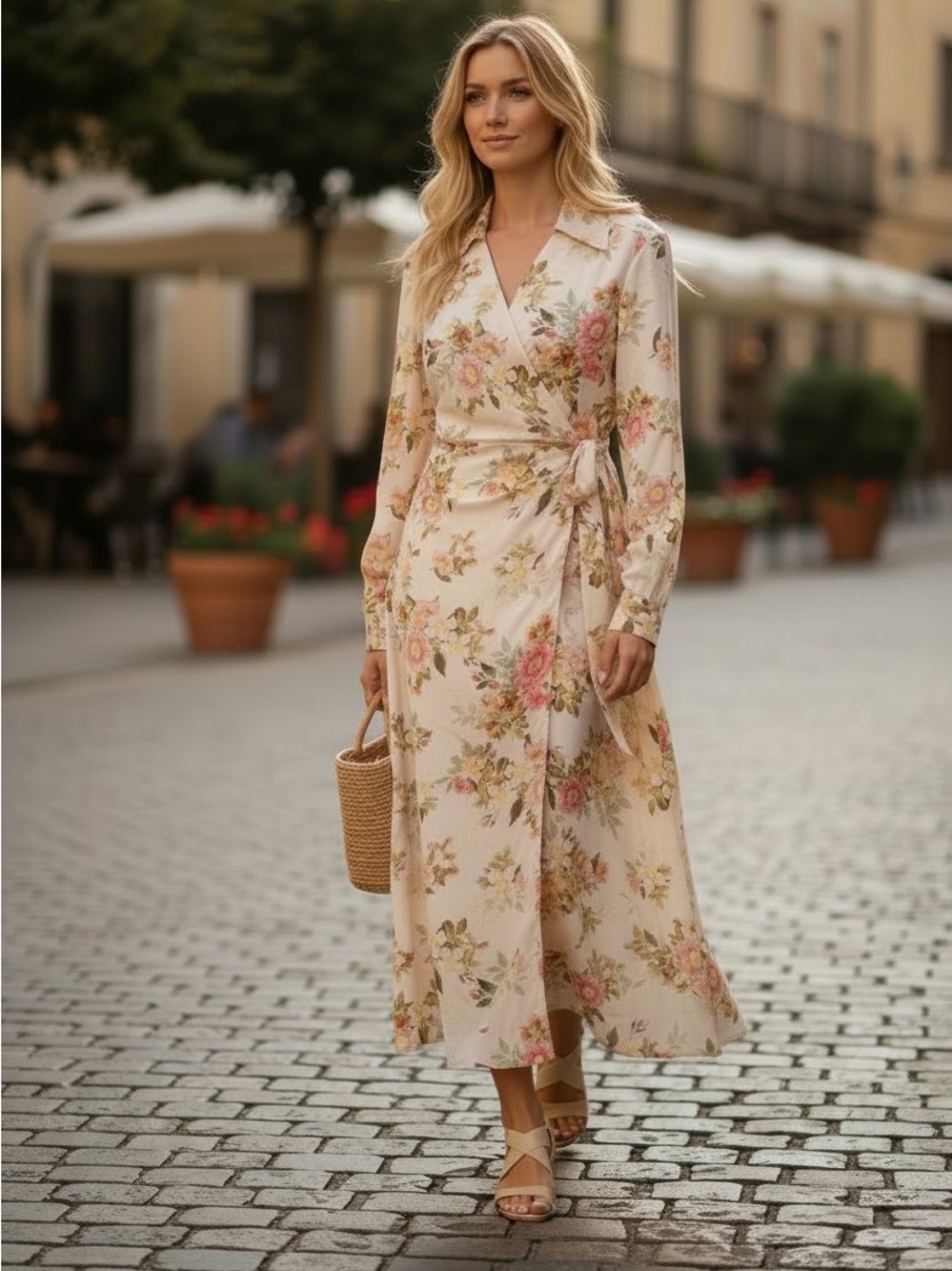 Alex Marie Cream Floral Wrap Midi Dress with Pink and Green Accents